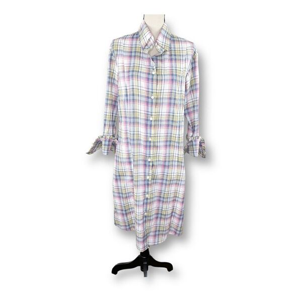 Bell by Alicia Bell Cotton Summer Plaid Shirtdress w/Ruffle Fold-over Cuffs 14 - Picture 11 of 13